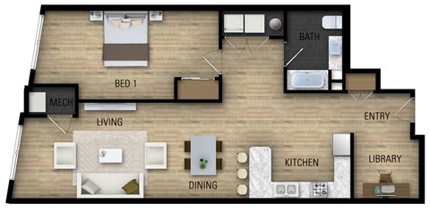 Floor plan for 1 bed, 1 bath, 971 sqft